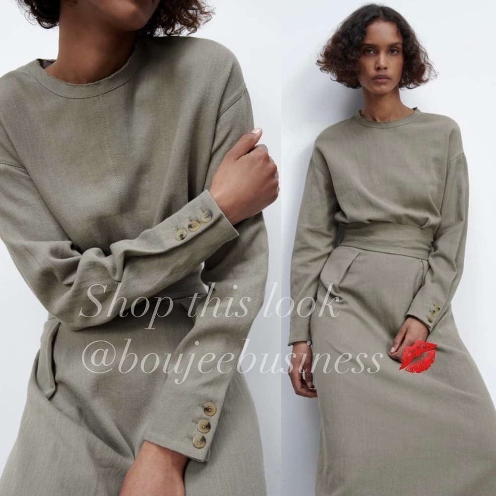 ZARA Linen Blend Midi Dress with Tie Belt